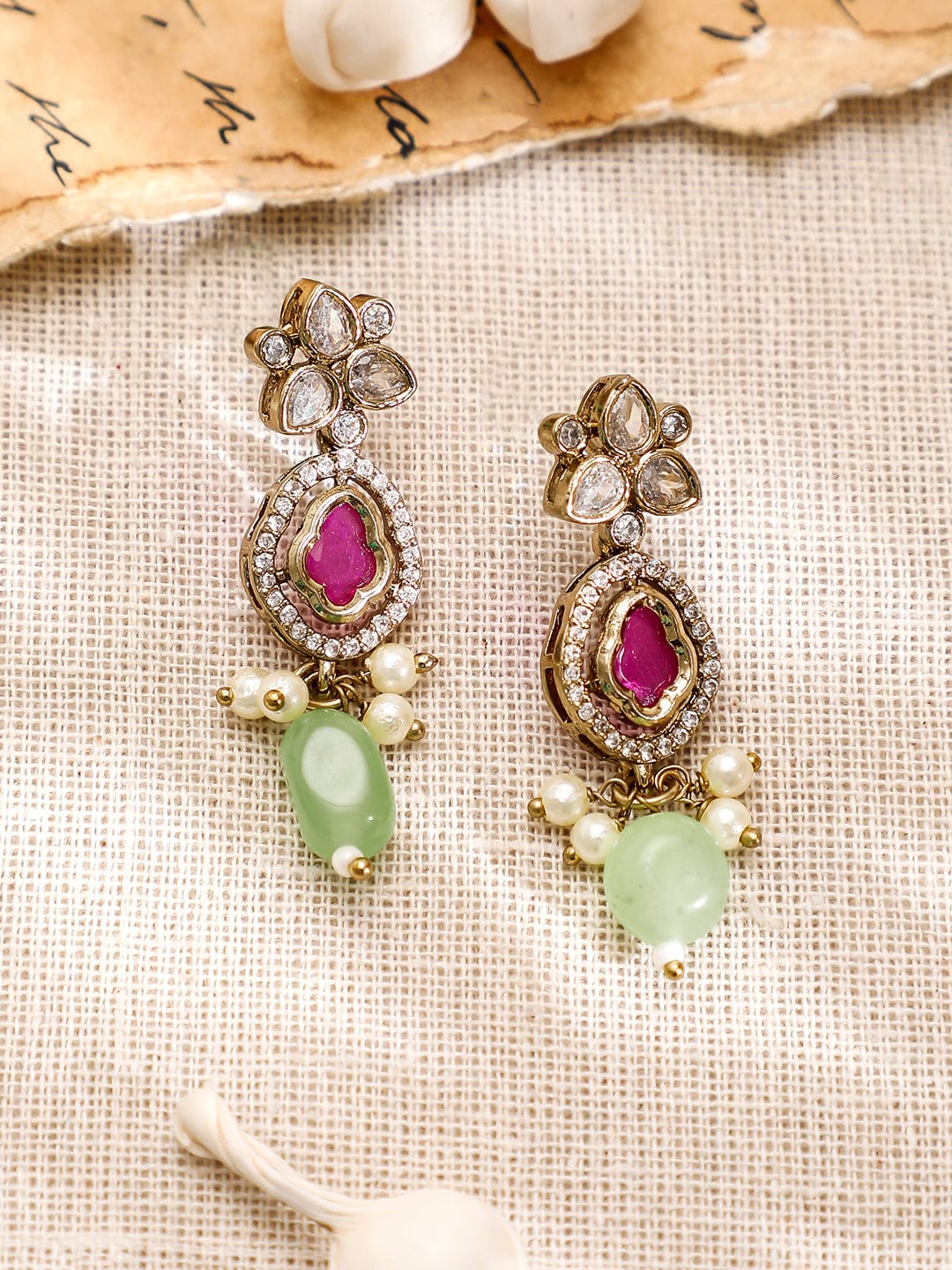 Rubans 22K Gold-Plated Kundan, Pink Stone & Green Beaded Jewellery Set with Pearl & Cubic Zirconia Drops Jewellery Set