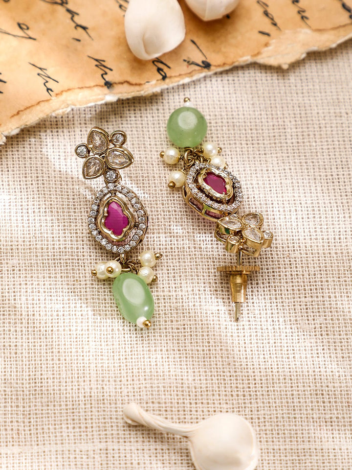 Rubans 22K Gold-Plated Kundan, Pink Stone & Green Beaded Jewellery Set with Pearl & Cubic Zirconia Drops Jewellery Set