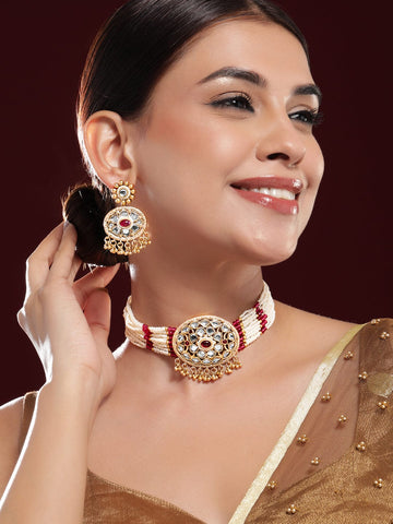 Rubans 22K Gold-Plated Kundan & Ruby Accents Multi-Strand Pearl Beaded Choker Necklace Set Choker set