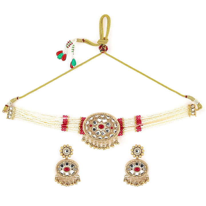 Rubans 22K Gold-Plated Kundan & Ruby Accents Multi-Strand Pearl Beaded Choker Necklace Set Choker set