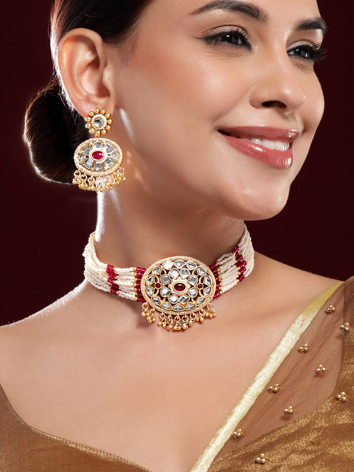 Rubans 22K Gold-Plated Kundan & Ruby Accents Multi-Strand Pearl Beaded Choker Necklace Set Choker set