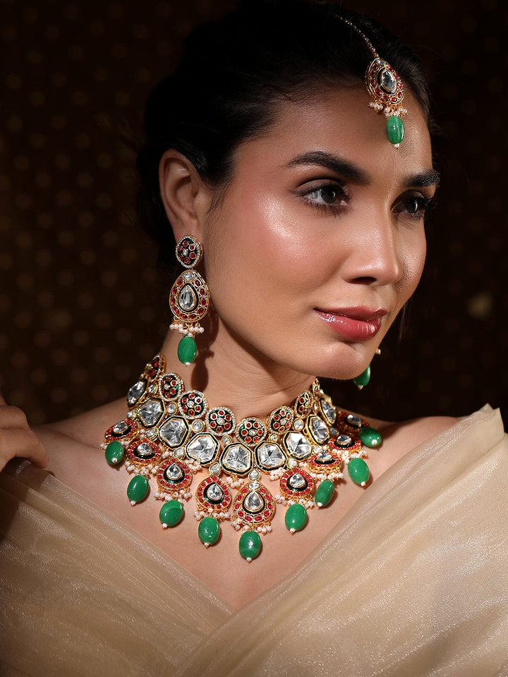 Rubans 22K Gold-Plated Kundan Ruby & Green Beaded Bridal Choker Necklace Set Necklace Sets