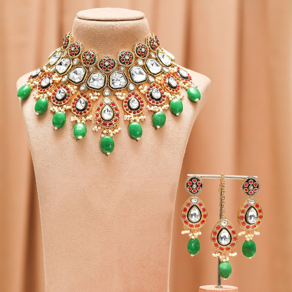 Rubans 22K Gold-Plated Kundan Ruby & Green Beaded Bridal Choker Necklace Set Necklace Sets