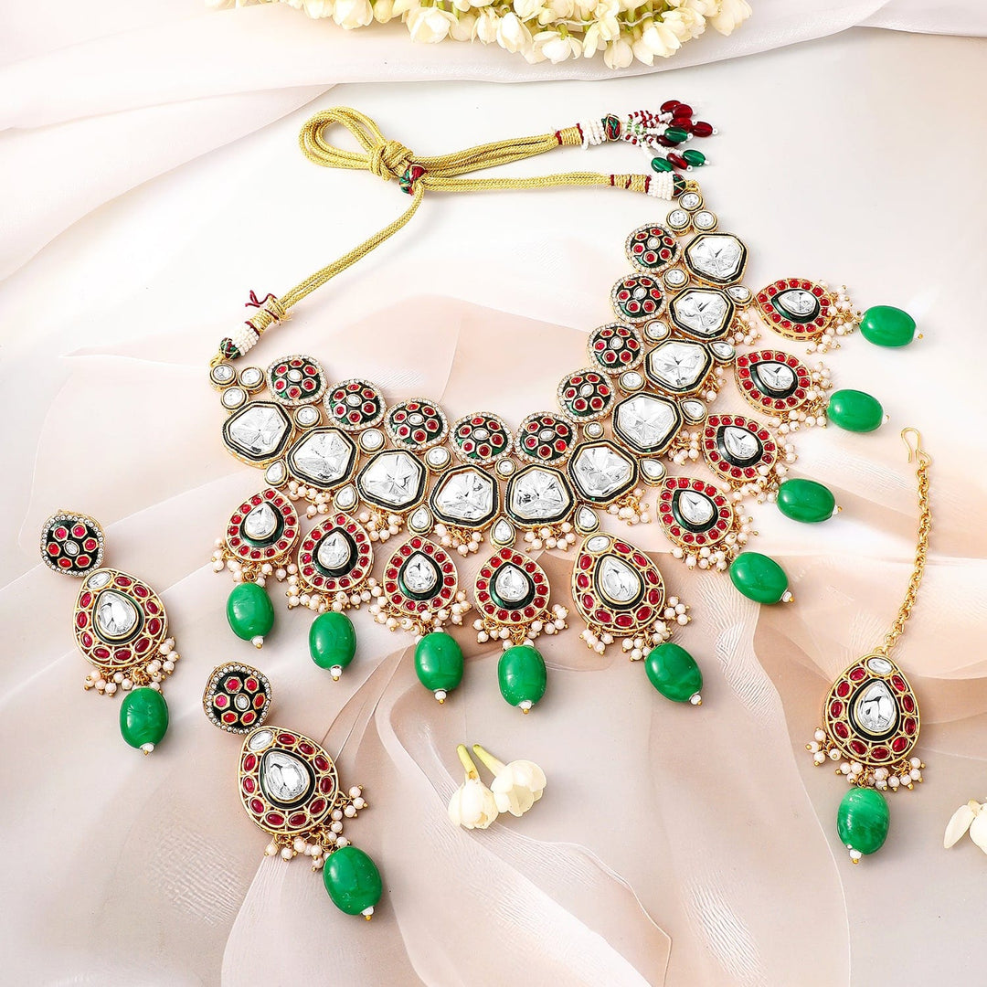 Rubans 22K Gold-Plated Kundan Ruby & Green Beaded Bridal Choker Necklace Set Necklace Sets