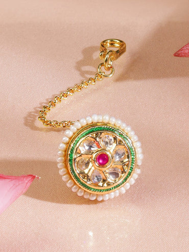 Rubans 22K Gold-Plated Kundan & Ruby Pink Stone Floral Borla Maang Tikka with Pearl Edge Maangtikka