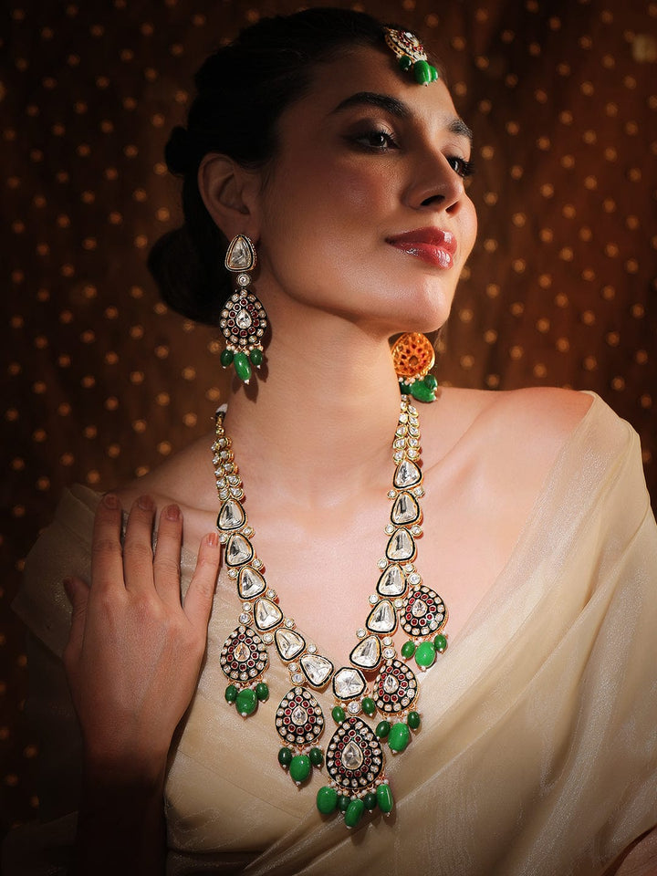 Rubans 22K Gold-Plated Kundan & Ruby Stone Studded & Green Beaded Bridal Necklace Set Necklace Sets