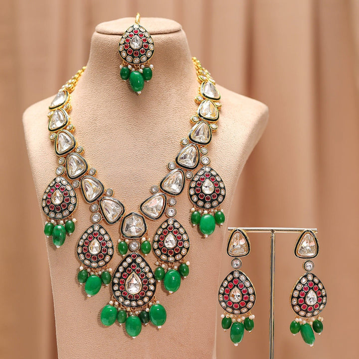 Rubans 22K Gold-Plated Kundan & Ruby Stone Studded & Green Beaded Bridal Necklace Set Necklace Sets