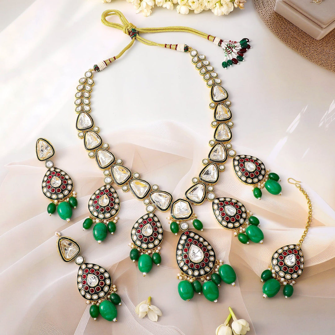 Rubans 22K Gold-Plated Kundan & Ruby Stone Studded & Green Beaded Bridal Necklace Set Necklace Sets