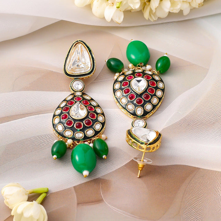 Rubans 22K Gold-Plated Kundan & Ruby Stone Studded & Green Beaded Bridal Necklace Set Necklace Sets