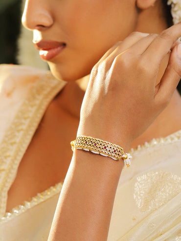 Rubans 22K Gold-Plated Kundan & Ruby Studded Pearl Beaded Handcrafted Traditional Bracelet Necklace & Chains