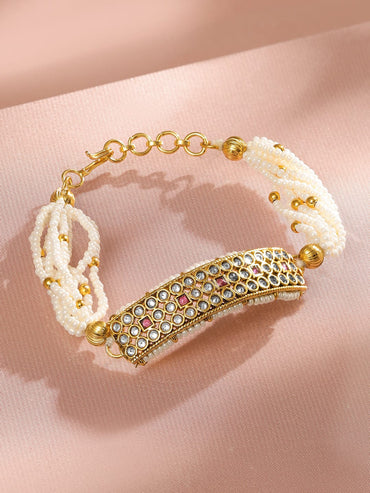 Rubans 22K Gold-Plated Kundan & Ruby Studded Pearl Beaded Handcrafted Traditional Bracelet Necklace & Chains