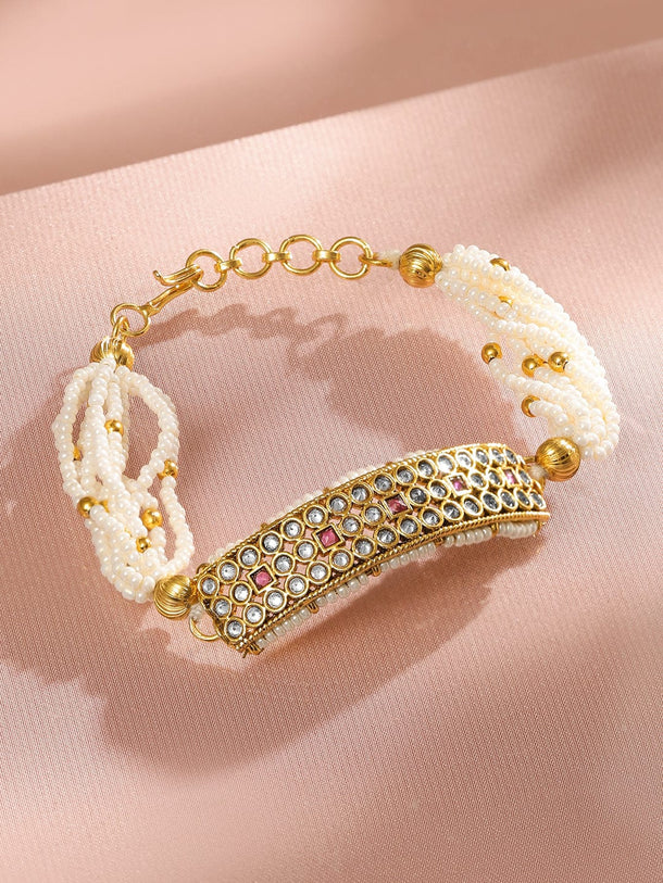 Rubans 22K Gold-Plated Kundan & Ruby Studded Pearl Beaded Handcrafted Traditional Bracelet Necklace & Chains