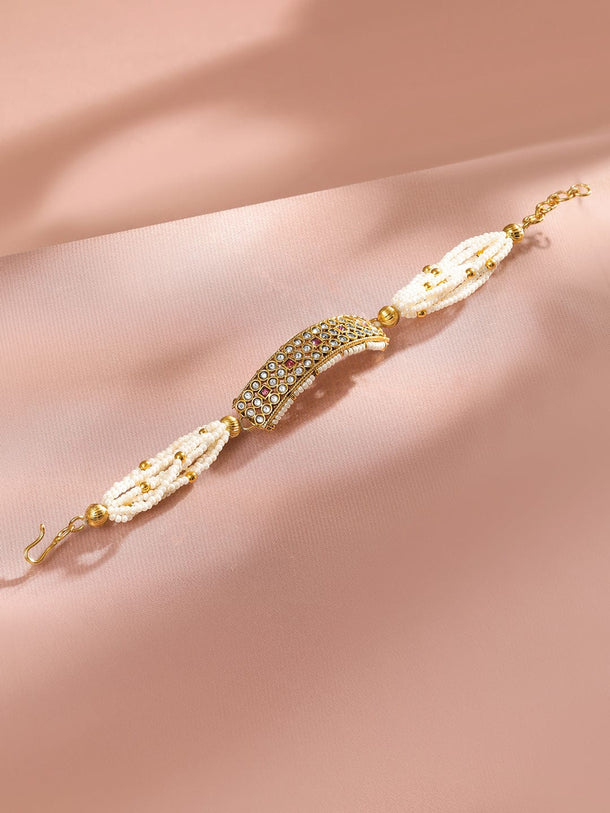Rubans 22K Gold-Plated Kundan & Ruby Studded Pearl Beaded Handcrafted Traditional Bracelet Necklace & Chains