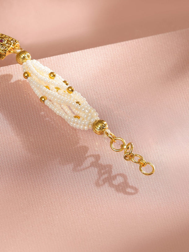 Rubans 22K Gold-Plated Kundan & Ruby Studded Pearl Beaded Handcrafted Traditional Bracelet Necklace & Chains