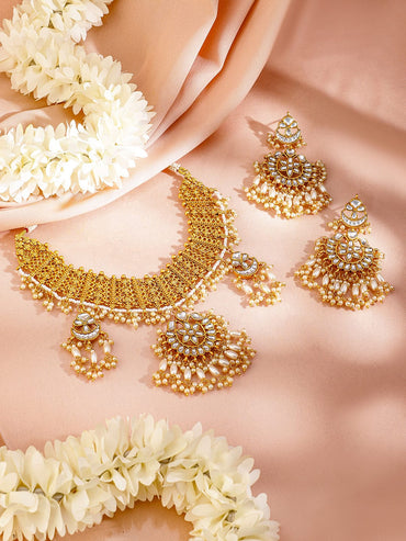 Rubans 22K Gold Plated Kundan Studded & Beaded Jewellery Set Jewellery Set