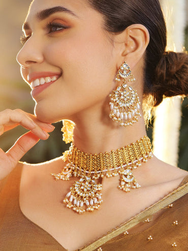 Rubans 22K Gold Plated Kundan Studded & Beaded Jewellery Set Necklace Set