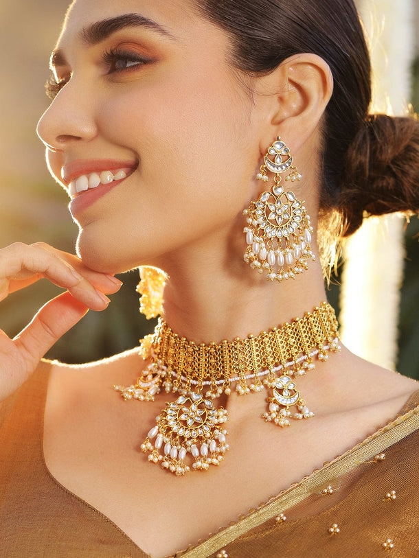 Rubans 22K Gold Plated Kundan Studded & Beaded Jewellery Set Necklace Set