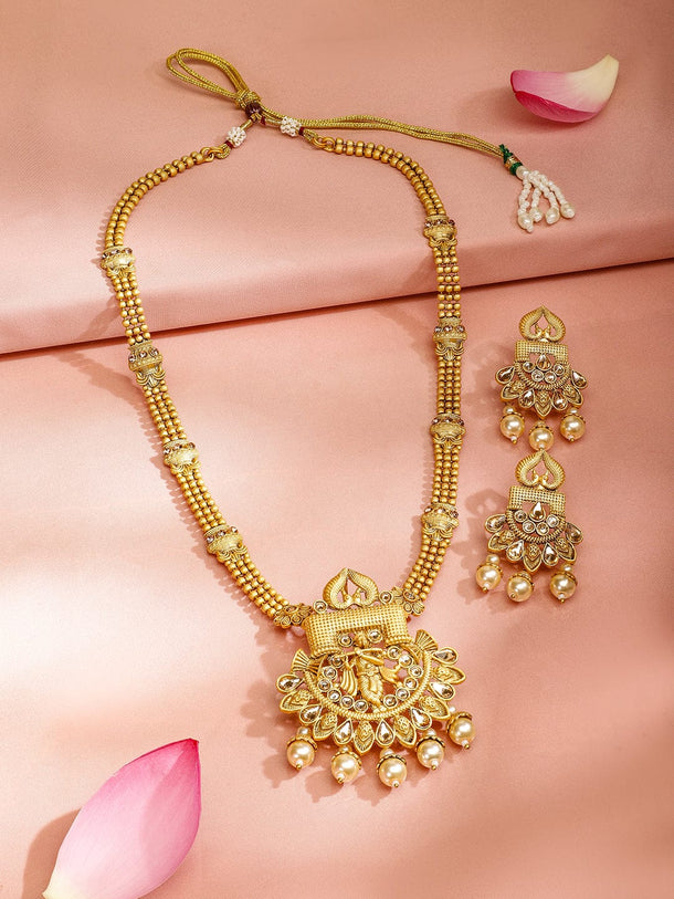 Rubans 22K Gold-Plated Kundan Studded Divine Krishna Motif Jewellery Set with Pearl Drops Necklaces, Necklace Sets, Chains & Mangalsutra