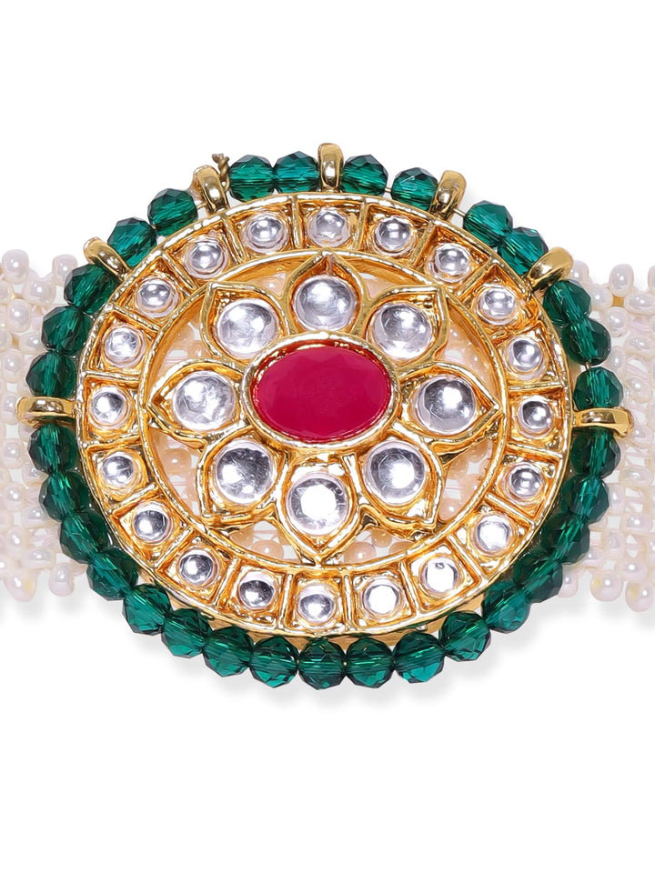 Rubans 22K Gold Plated Kundan Studded Green Crystal & Pearl braid beaded Handcrafted Bracelet Bangles & Bracelets