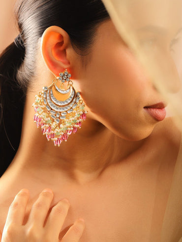 Rubans 22K Gold Plated Kundan Studded Handcrafted Chandbali with Ruby & Green Beads Chandbali Earrings