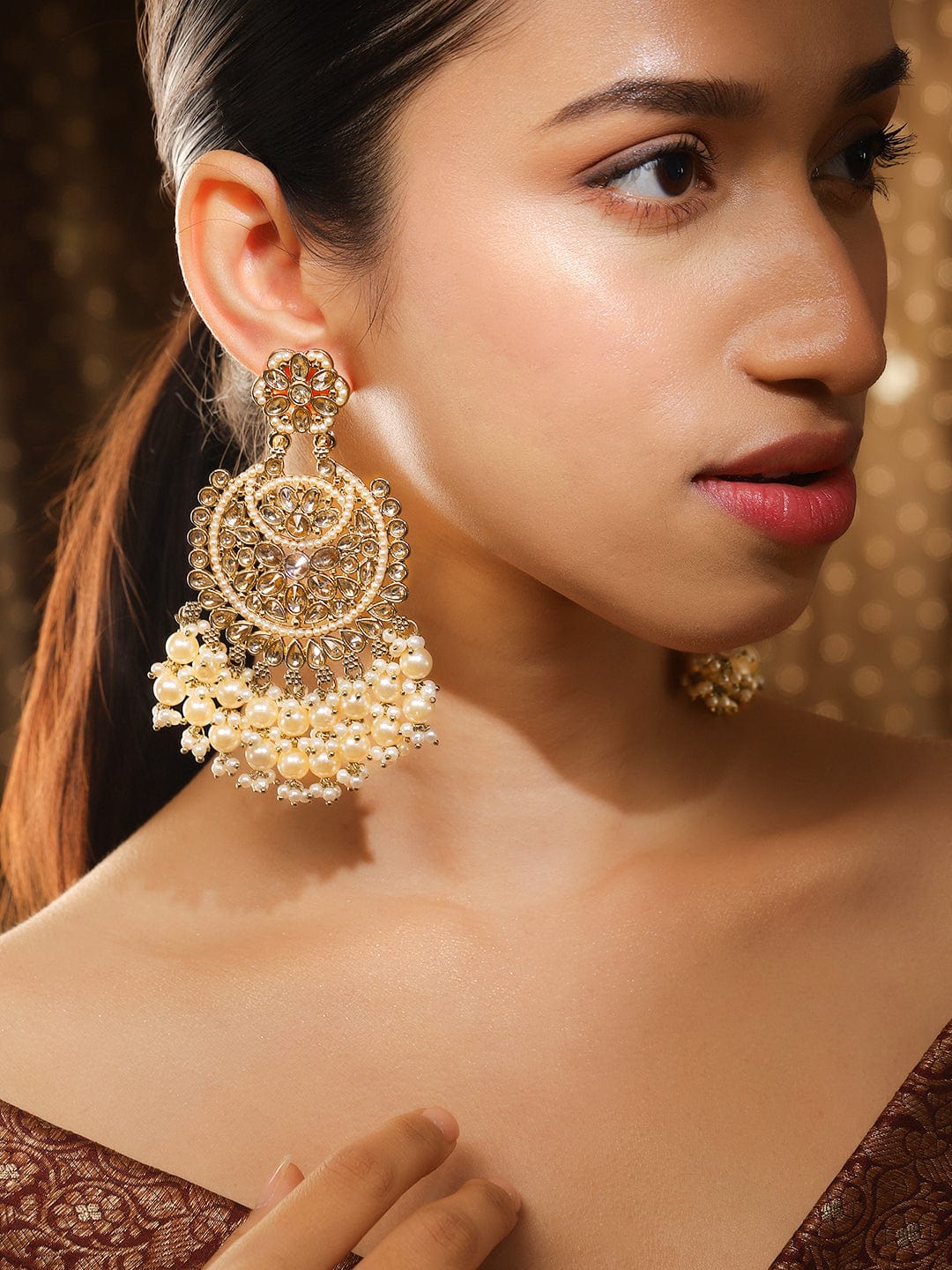 Rubans 22K Gold Plated Kundan Studded Handcrafted Long Chandbali with Cream-Colored Pearls Chandbali Earrings