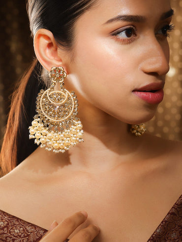 Rubans 22K Gold Plated Kundan Studded Handcrafted Long Chandbali with Cream-Colored Pearls Chandbali Earrings