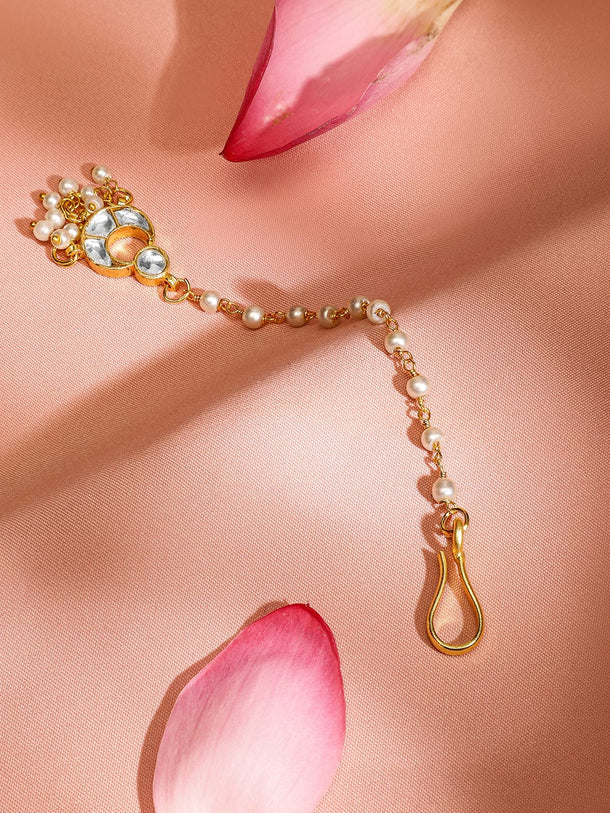 Rubans 22K Gold-Plated Kundan Studded Handcrafted Maang Tikka with Pearl Beaded Chain Maang Tikka