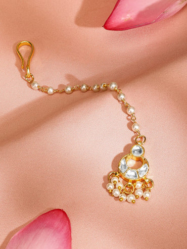 Rubans 22K Gold-Plated Kundan Studded Handcrafted Maang Tikka with Pearl Beaded Chain Maang Tikka