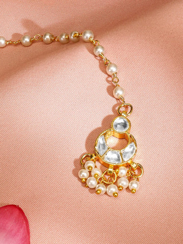 Rubans 22K Gold-Plated Kundan Studded Handcrafted Maang Tikka with Pearl Beaded Chain Maang Tikka