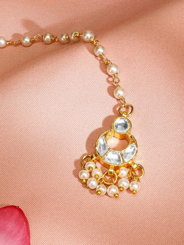 Rubans 22K Gold-Plated Kundan Studded Handcrafted Maang Tikka with Pearl Beaded Chain Maang Tikka