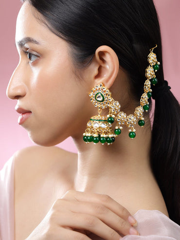 Rubans 22K Gold-Plated Kundan Studded Kan Chain Earrings with Green Beads & Enamel Detailing Jhumka Earrings