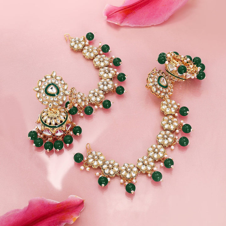 Rubans 22K Gold-Plated Kundan Studded Kan Chain Earrings with Green Beads & Enamel Detailing Jhumka Earrings