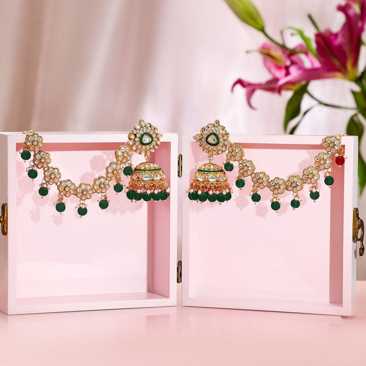 Rubans 22K Gold-Plated Kundan Studded Kan Chain Earrings with Green Beads & Enamel Detailing Jhumka Earrings