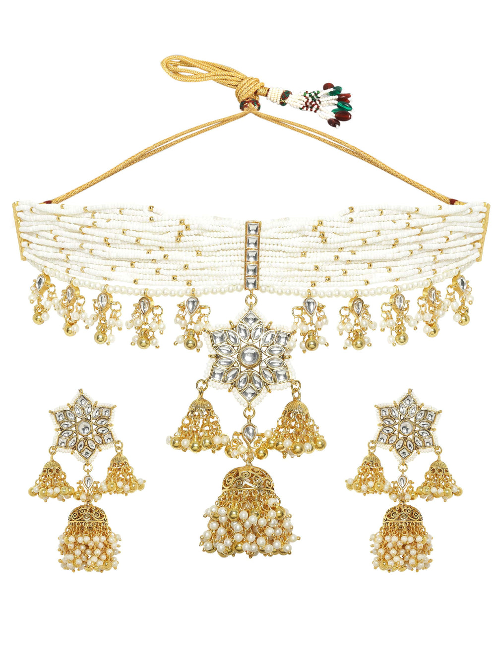 Rubans 22K Gold Plated Kundan Studded Layered Pearl Beaded Statement Necklace set Jewellery Sets