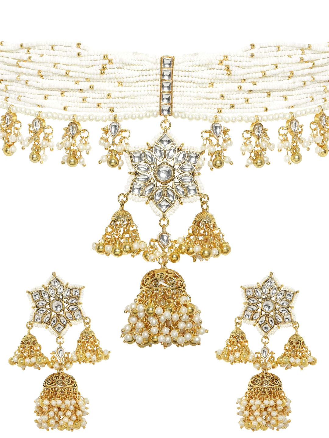 Rubans 22K Gold Plated Kundan Studded Layered Pearl Beaded Statement Necklace set Jewellery Sets