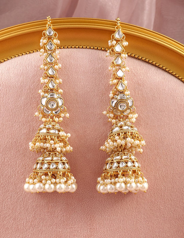 Rubans 22K Gold-Plated Kundan Studded Long Full-Ear Covering Triple-Layer Jhumka Earrings Earrings