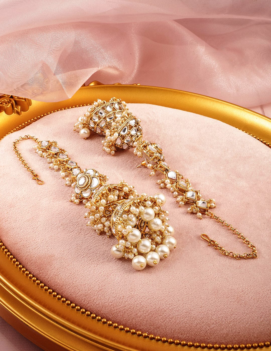 Rubans 22K Gold-Plated Kundan Studded Long Full-Ear Covering Triple-Layer Jhumka Earrings Earrings