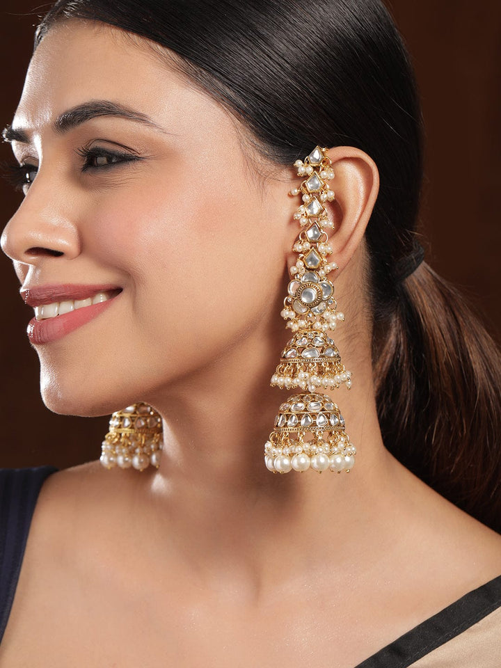 Rubans 22K Gold-Plated Kundan Studded Long Full-Ear Covering Triple-Layer Jhumka Earrings Jhumka Earrings