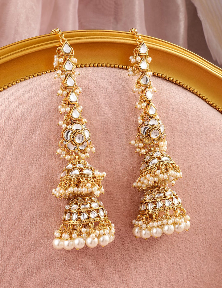 Rubans 22K Gold-Plated Kundan Studded Long Full-Ear Covering Triple-Layer Jhumka Earrings Jhumka Earrings