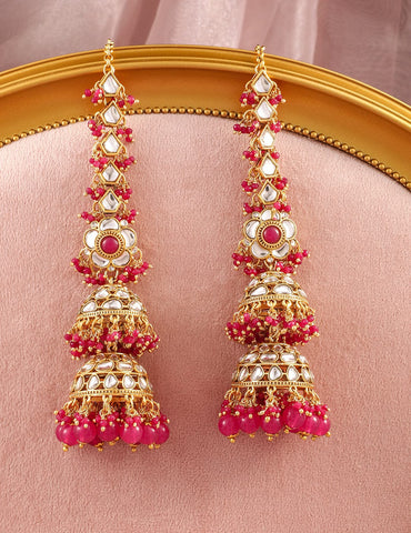Rubans 22K Gold-Plated Kundan Studded Long Full-Ear Covering Triple-Layer Jhumka with Pink Beads Earrings