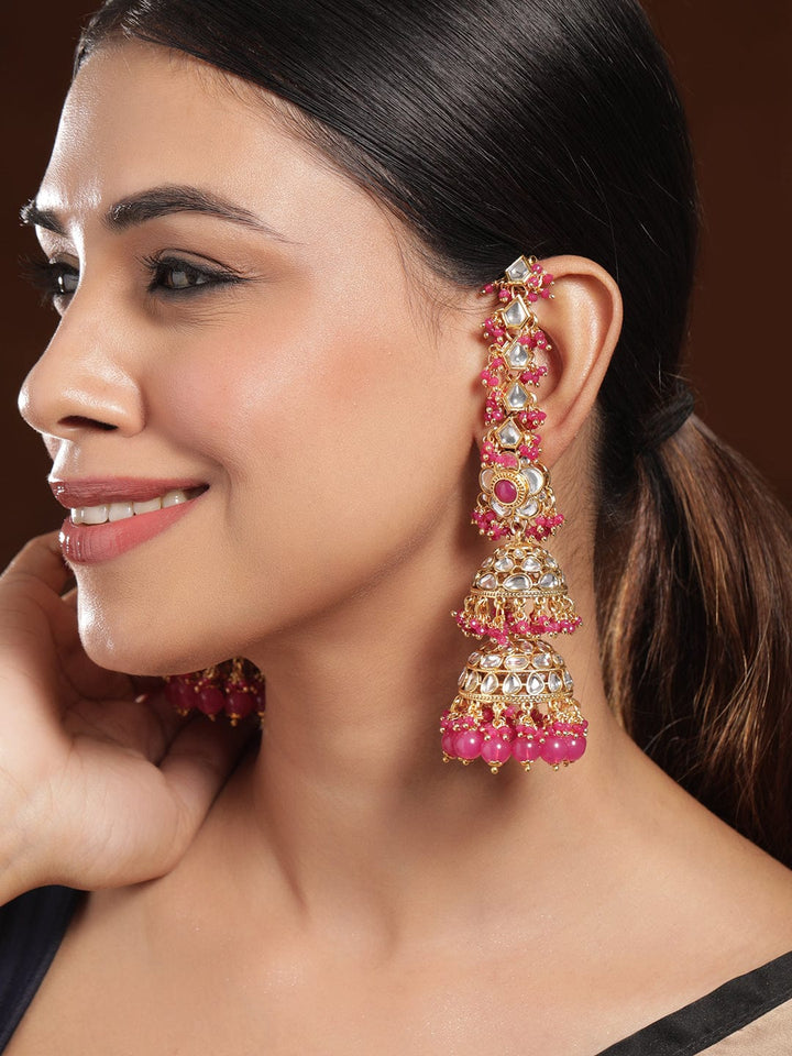 Rubans 22K Gold-Plated Kundan Studded Long Full-Ear Covering Triple-Layer Jhumka with Pink Beads Jhumka Earrings