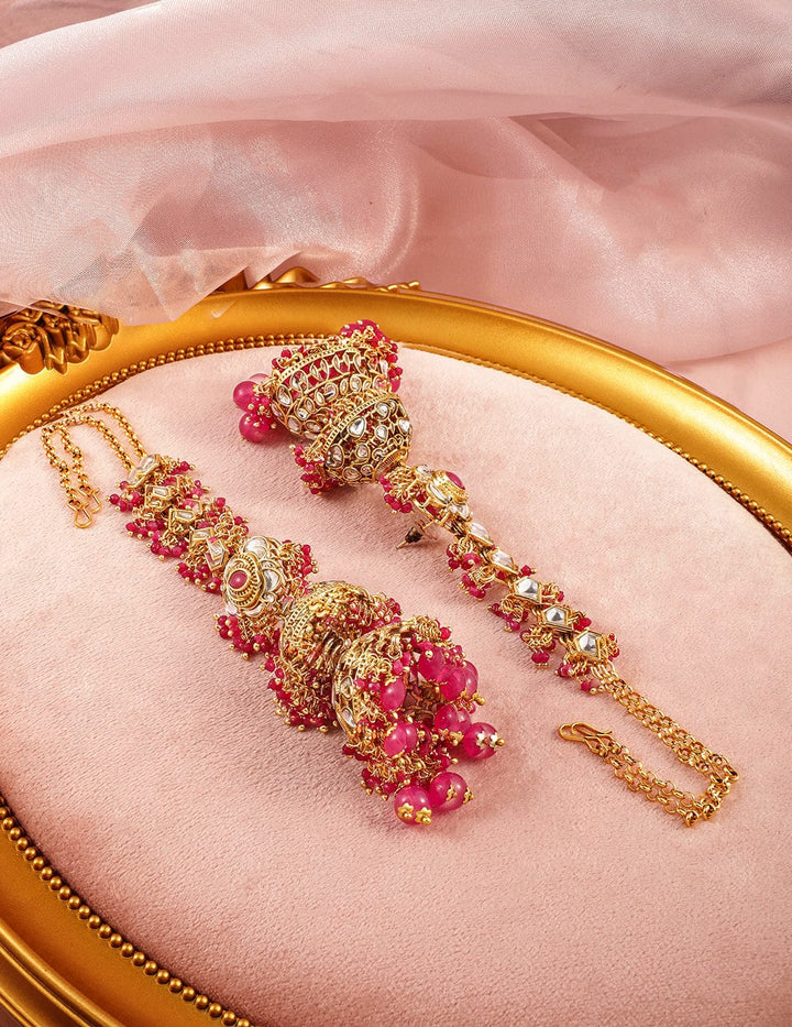 Rubans 22K Gold-Plated Kundan Studded Long Full-Ear Covering Triple-Layer Jhumka with Pink Beads Jhumka Earrings