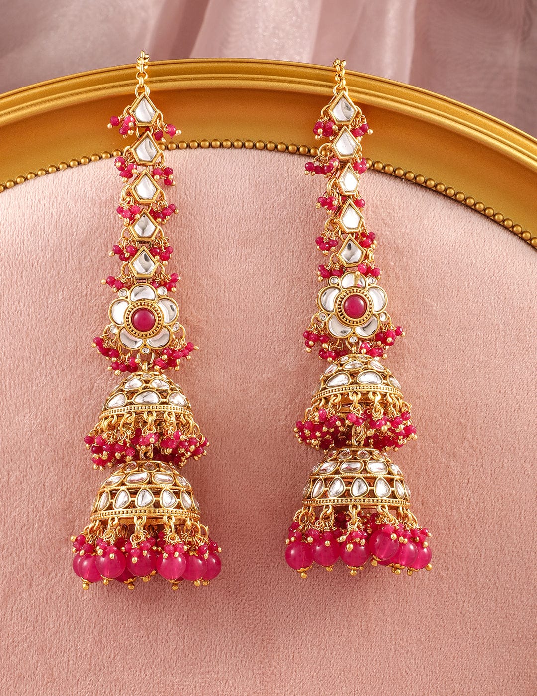 Rubans 22K Gold-Plated Kundan Studded Long Full-Ear Covering Triple-Layer Jhumka with Pink Beads Jhumka Earrings