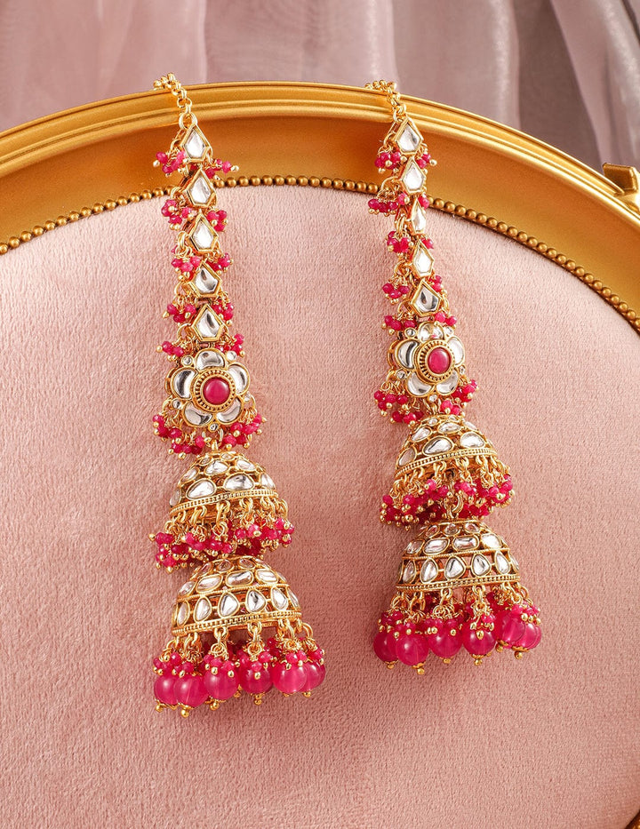 Rubans 22K Gold-Plated Kundan Studded Long Full-Ear Covering Triple-Layer Jhumka with Pink Beads Jhumka Earrings