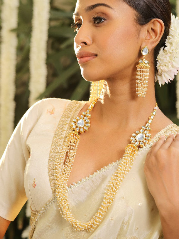 Rubans 22K Gold-Plated Kundan Studded Multi-Strand Pearl Beaded Necklace Set Jewellery Set