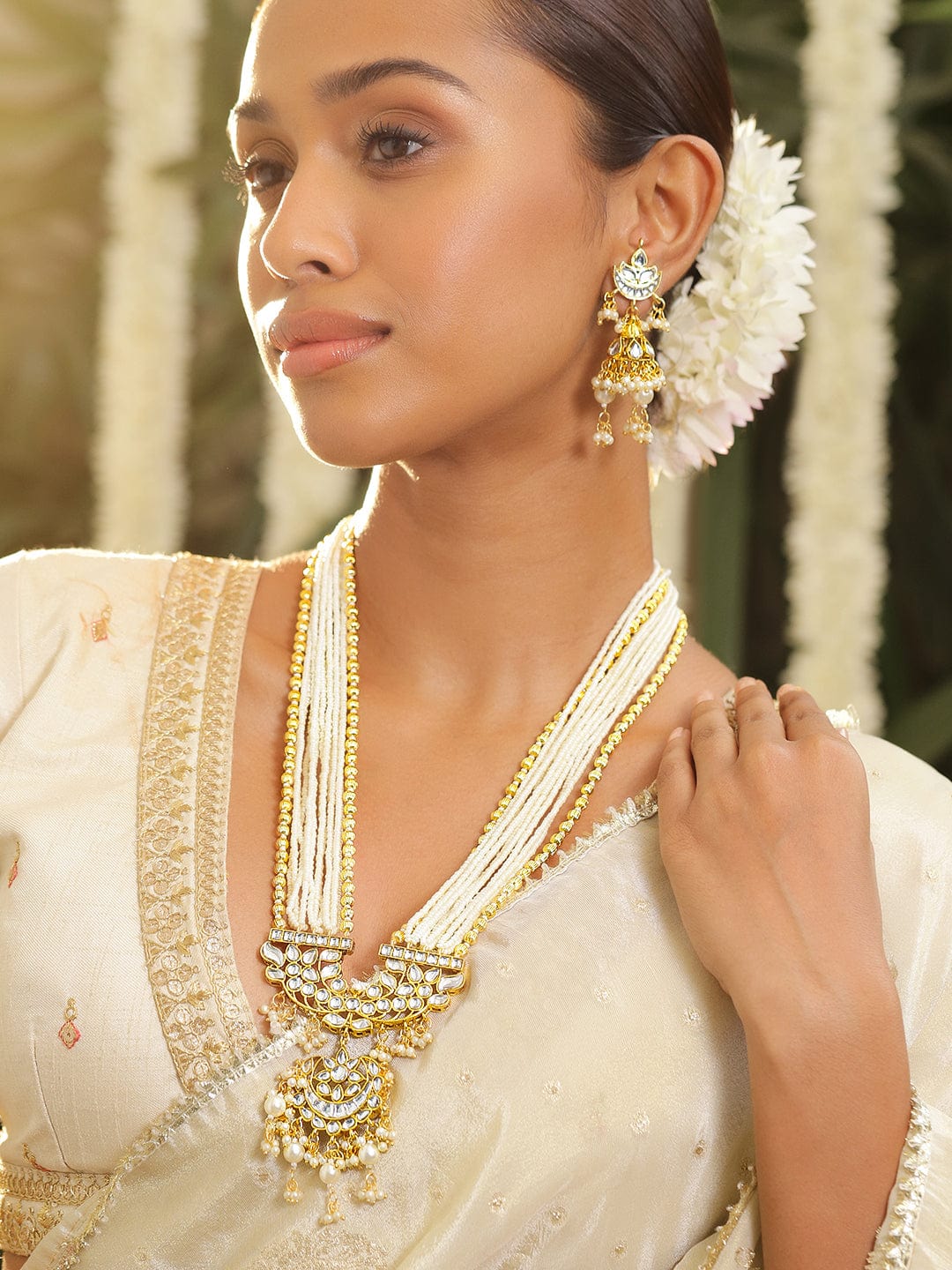 Rubans 22K Gold-Plated Kundan Studded Multi-Strand Pearl & Gold Beaded Necklace Set for Women Necklace Set