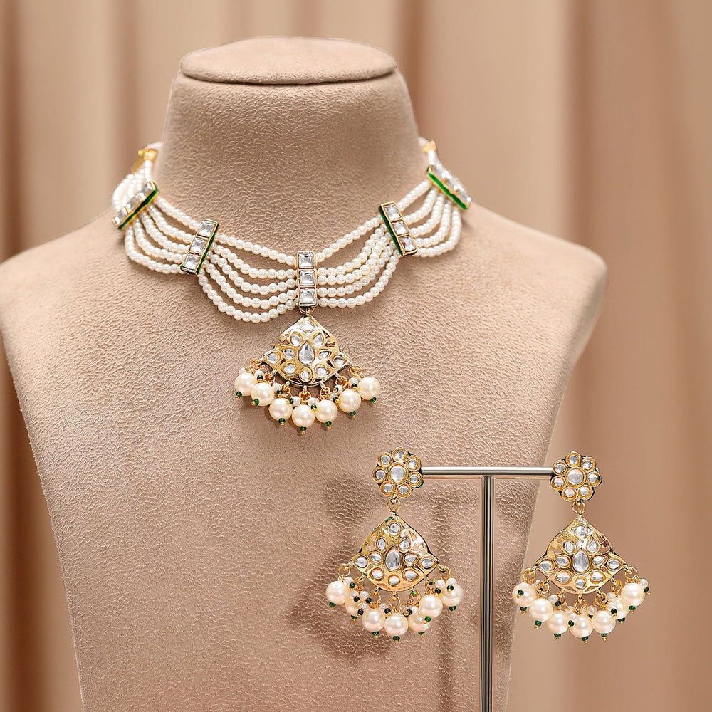 Rubans 22K Gold-Plated Kundan-Studded Multi-Strand Pearl Necklace Set with Jhumka Earrings Necklace Sets