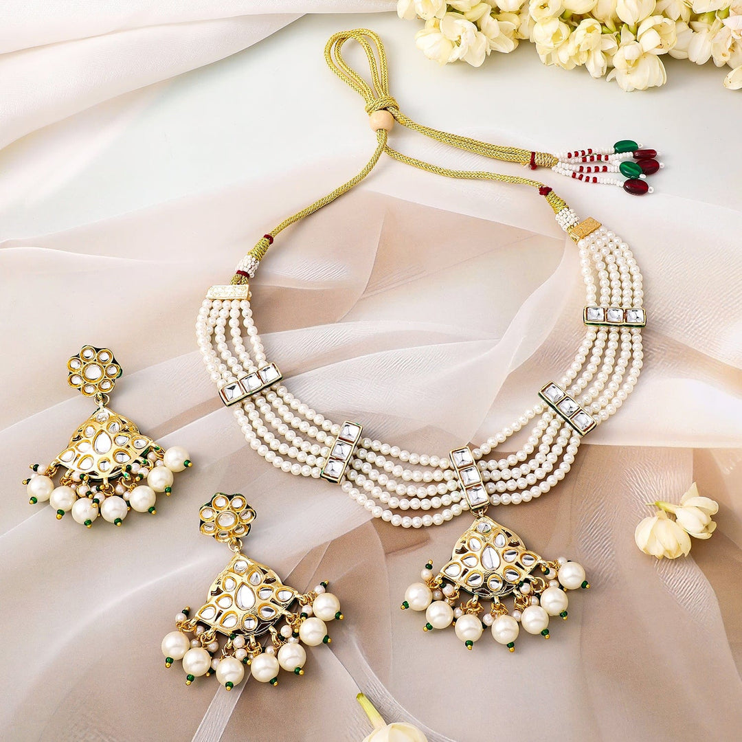 Rubans 22K Gold-Plated Kundan-Studded Multi-Strand Pearl Necklace Set with Jhumka Earrings Necklace Sets