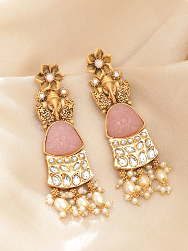 Rubans 22K Gold plated Kundan studded Pearl beaded dangle Earring Earrings