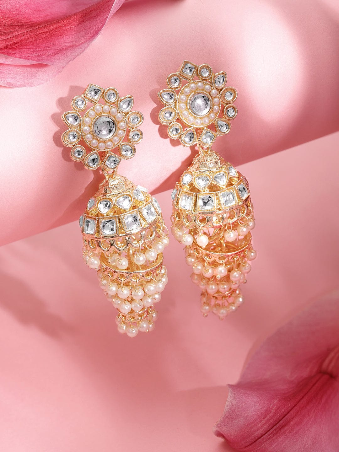 Rubans 22K Gold-Plated Kundan Studded Pearl Beaded Dome-Shaped Jhumkas Jhumka Earrings